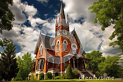 a gothic revival house with tall, dramatic spires Stock Photo