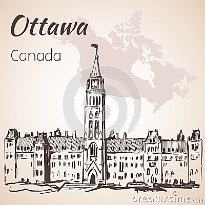 The Gothic Revival Parliament Buildings Ottawa and map. Vector Illustration