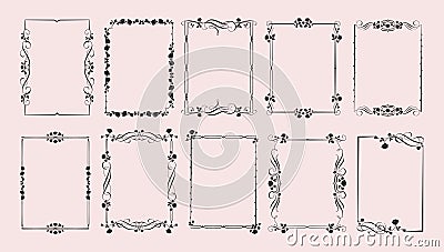 Gothic rose frames. Gothcore borders with flowers, leaves and spikes of roses. Elegant decorative flourish design Vector Illustration