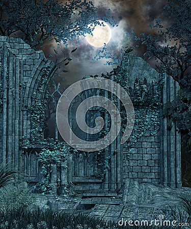 Gothic Ruin at Night Stock Photo