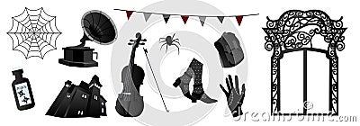 Gothic set in the style of Wednesday. Gothic black arch, cello, poison, spider web, briefcase, spider, thunderbolt, hand Vector Illustration