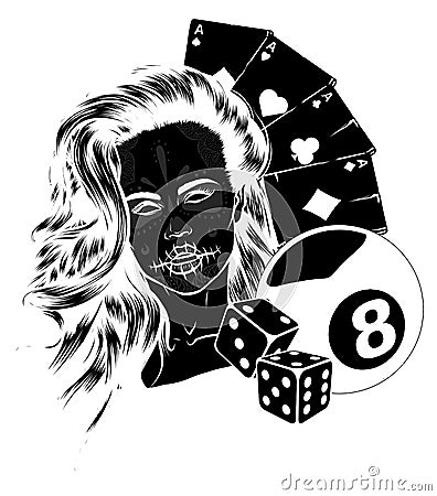 Gothic sign with skulls, ace of spades and girls, grunge vintage design Vector Illustration