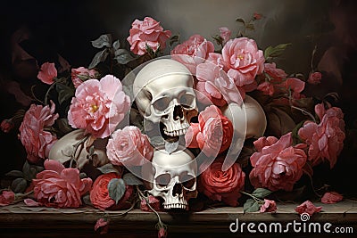 Gothic Skull roses paint life. Generate Ai Stock Photo