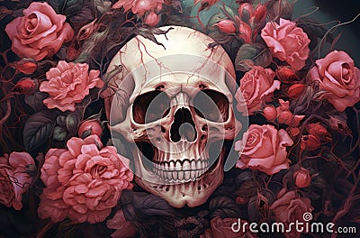 Gothic Skull roses paint. Generate Ai Stock Photo