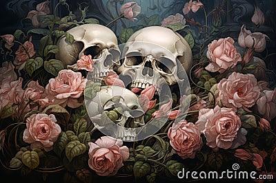 Gothic Skull roses paint nature. Generate Ai Stock Photo