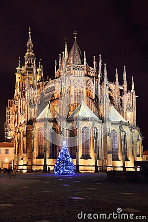 Gothic St. Vitus' Cathedral on Prague Castle in the Night with Christmas Tree, Czech Republic Stock Photo