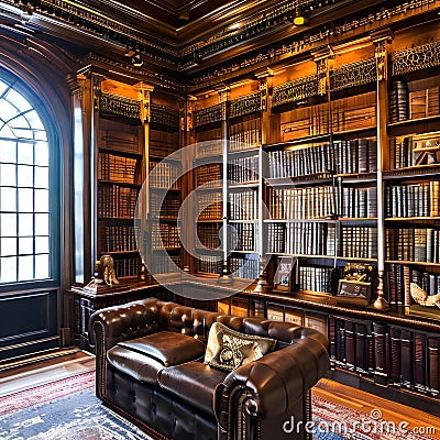Gothic Steampunk Library: A gothic-inspired library with vintage leather-bound books, brass accents, and cogwheel decorations2, Stock Photo
