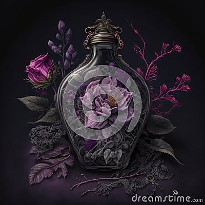 Gothic Valentine still life. AI generative, AI generated illustration. Magic potion vial with flowers Cartoon Illustration