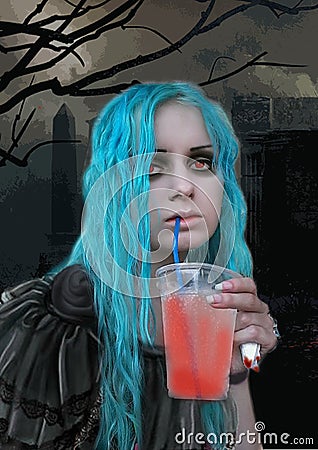 Gothic vampire girl drinks blood from a glass on the background of the crypt Stock Photo