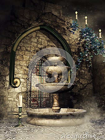 Gothic wall and fountain with candles Stock Photo