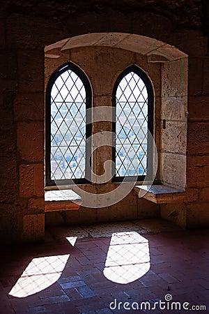 Gothic windows in the Palatial Residence (Pacos Novos) of the Leiria Caste. Stock Photo