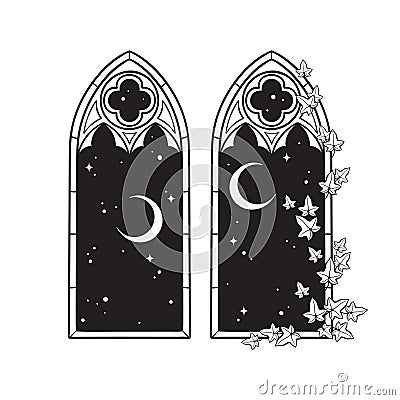 Gothic windows with poison ivy and night sky with crescent moon hand drawn line art gothic tattoo design isolated vector Vector Illustration