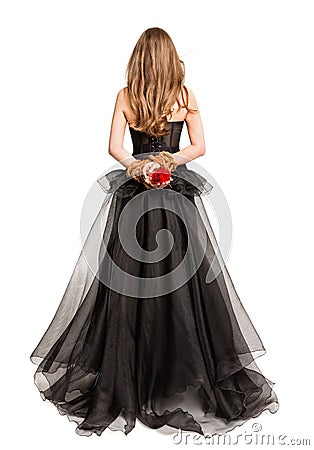 Gothic Woman in Black Dress Back View, Flower Rose in Hands Tied By Rope, White Studio Background Stock Photo
