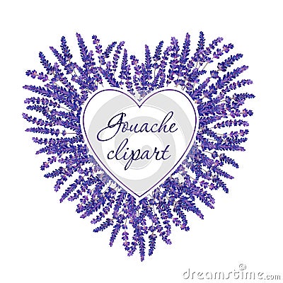 Gouache floral heart with lavender and white field to fill. Hand-drawn clipart for art work and weddind design Stock Photo