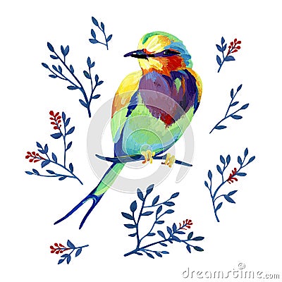 Gouache iridescent garden bird on a branch with natural elements Stock Photo