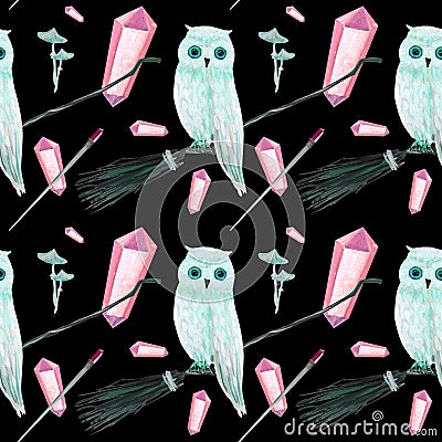 gouache magic seamless pattern with owl and crystall Stock Photo