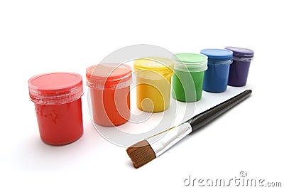 Gouache paint cans and brush Stock Photo