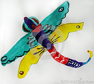 Fairytale dragonfly painted by child Stock Photo