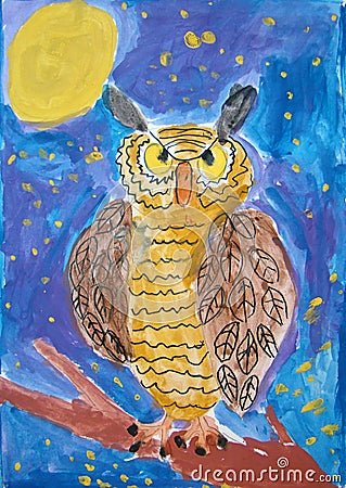 Night owl - gouache painting made by child Stock Photo