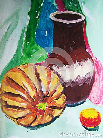 Still life with pumkin and vase painted by child Stock Photo