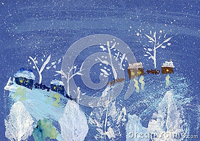 Gouache painting winter landscape Stock Photo