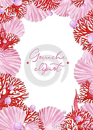 Gouache pink undersea frame with pink shells, pearl and red coral Stock Photo