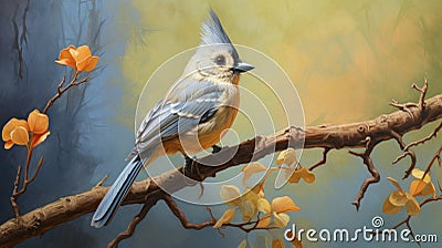 Gouache Trompe-l'oeil Painting: A Unique Yellow Tufted Titmouse Shining With Iridescent Topaz Stock Photo