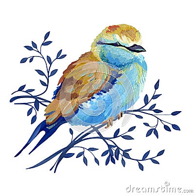 Gouache turquoise-beige bird on a branch. Natural cliparts for art work and wedding design Stock Photo