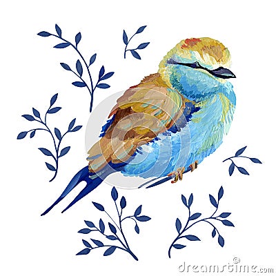 Gouache turquoise-beige bird with branches. Natural cliparts for art work and wedding design Stock Photo