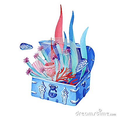 Gouache undersea old blue chest with treasure, coral and green aglae Stock Photo