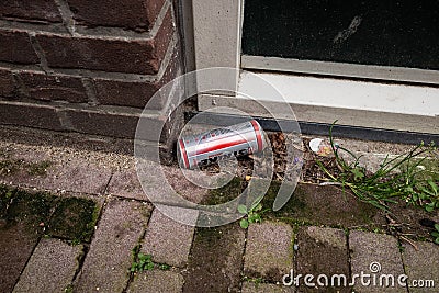 Gouda, South Holland/the Netherlands - March 1 2020: Double Strike energy drink soda can found on the floor thrown away on the Editorial Stock Photo