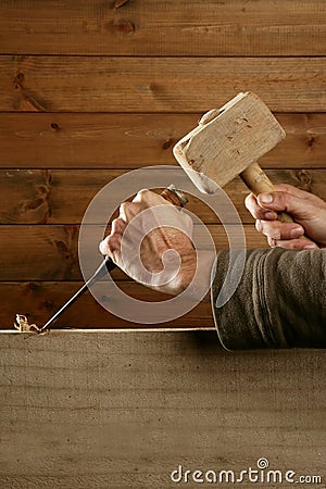 Gouge wood chisel carpenter tool hammer hand Stock Photo