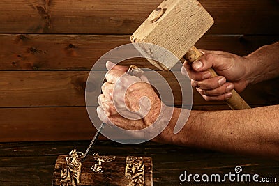 Gouge wood chisel carpenter tool hand hammer Stock Photo