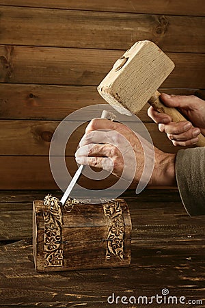 Gouge wood chisel carpenter tool hand hammer Stock Photo