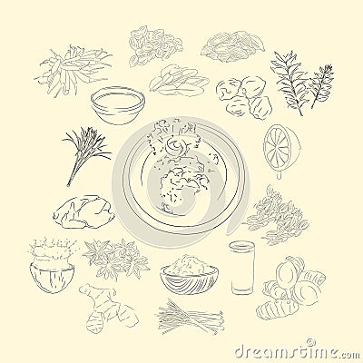 Kuah Sie Manok And Ingredients Illustration Sketch Style, Traditional Food From Aceh, Good to use for restaurant menu, Indonesia Vector Illustration