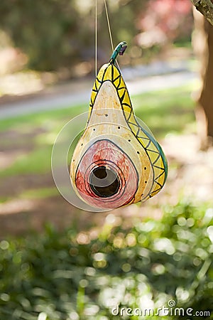 Gourd birdhouse hanging in a tree Stock Photo