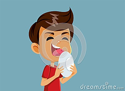 Happy Boy with Big Appetite Licking the Plate Vector Cartoon Vector Illustration