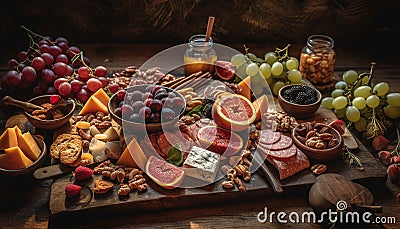 Gourmet appetizer tray variety of meat, cheese, fruit, and nuts generated by AI Stock Photo