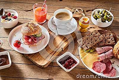 Gourmet breakfast menu concept with meat and cheese Stock Photo
