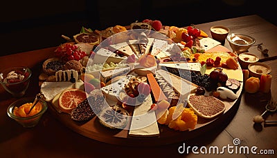 Gourmet buffet with fresh fruit, meat, and cheese generated by AI Stock Photo