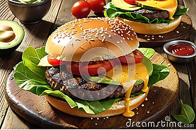 Gourmet Burger: Top View Capturing Avocado Slices, a Perfectly Grilled Beef Patty, Melted Cheese, Oozing Indulgence Stock Photo
