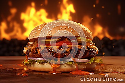 Spicy burger with juicy patty, melted cheese, ketchup, vegetables of fiery tongues Stock Photo