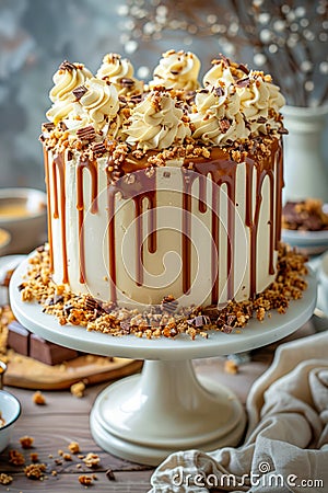 Gourmet Caramel Drizzle Cake with Whipped Cream and Nut Topping on Elegant Cake Stand for Celebrations Stock Photo