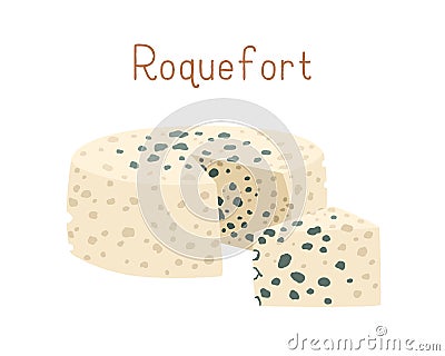 Gourmet cheese wheel of Roquefort with blue mold. Cut triangle piece of delicious moldy chees. Colored flat vector Cartoon Illustration