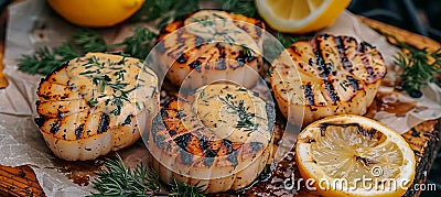 Gourmet chef grilling scallops with creamy lemon butter or spicy cajun sauce, herbs, and garnish Stock Photo