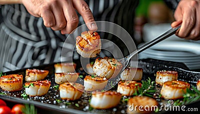Gourmet chef making grilled scallops in luxurious butter lemon sauce and cajun spices with herbs Stock Photo