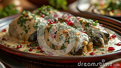 Gourmet Chiles en Nogada with Pomegranate Stock Photo