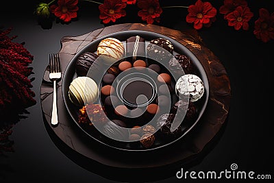 Gourmet chocolate assortment on elegant dinner plate Stock Photo