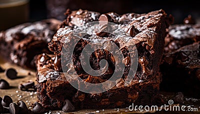 Gourmet chocolate brownie stack on rustic wood plate generated by AI Stock Photo