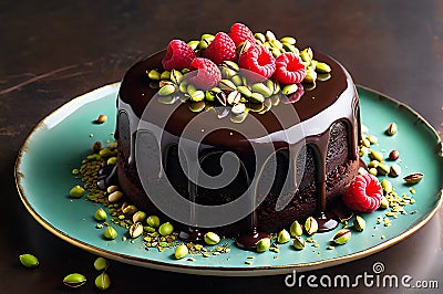 Gourmet Chocolate Cake with a Glossy Ganache Glaze: Top View Captured in Soft Ambient Light, Sprinkled Elegance Stock Photo